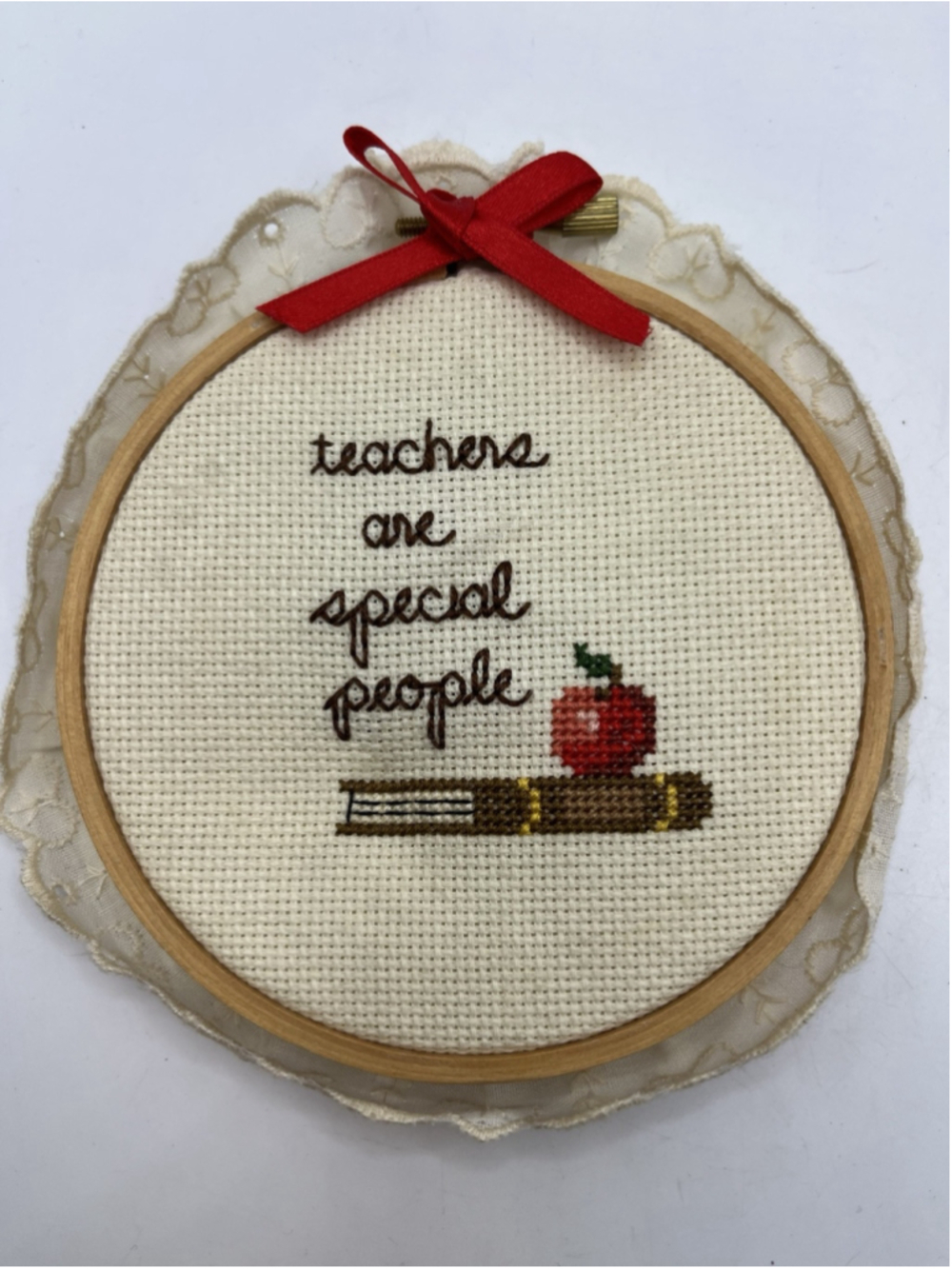 VTG Finished Completed Cross Stitch ~ TEACHERS ARE SPECIAL PEOPLE Wood Frame